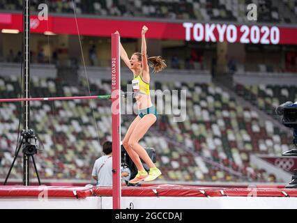 Tokyo, Japon. 07e août 2021. Nicola McDermott (AUS), jubilation, applaudissements, joie, encouragements, 2e place, médaille d'argent, médaille d'argent, médaillé d'argent, médaillé d'argent, Athlétisme, finale de saut en hauteur pour femmes, finale de saut en hauteur womenÕs, les Jeux Olympiques d'été 08/07/2021 2020, à partir de 23.07 . - 08.08.2021 à Tokyo/Japon. Credit: dpa/Alay Live News Banque D'Images