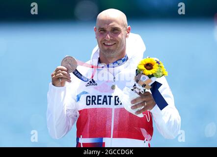 Médaillés de Grande-Bretagne des Jeux Olympiques de Tokyo en 2020. Photo du dossier datée du 05-08-2021 du Liam Heath de Grande-Bretagne, après avoir remporté le bronze dans les finales de 200 m du kayak masculin sur la voie navigable Sea Forest, le treizième jour des Jeux Olympiques de Tokyo en 2020 au Japon. Date de publication : dimanche 8 août 2021. Banque D'Images