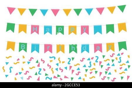 Modèle avec drapeaux multicolores, confettis, voeux d'anniversaire Illustration de Vecteur