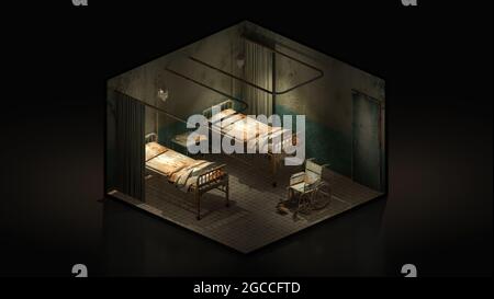 Chambre avec horreur et créepy dans l'hôpital avec fauteuil roulant., 3D illustration isomatric. Banque D'Images