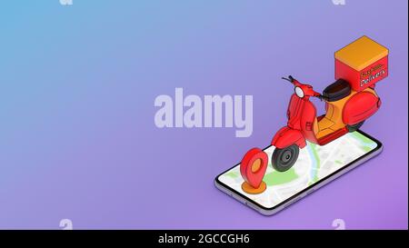 Scooter sur téléphone mobile avec point rouge., concept de service de livraison rapide et Shopping en ligne., illustration 3d avec chemin de coupure d'objet. Banque D'Images