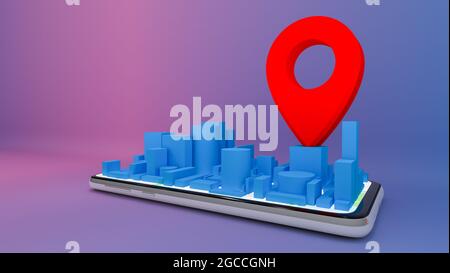 Carte de ville numérique mobile avec pointeurs rouges.,concept de livraison.,rendu 3D. Banque D'Images