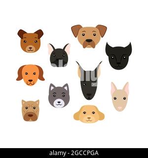 Jeu de visages de chien dessiné à la main. Chien style doodle. Illustration vectorielle colorée isolée sur fond blanc. Décoration pour cartes de vœux, affiches, mouches Illustration de Vecteur