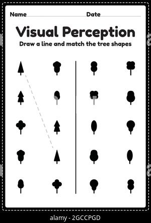 Feuille de calcul des formes d'activité perceptuelle visuelle pour les enfants d'âge préscolaire et de maternelle qui aide à développer les activités des yeux et du cerveau. Illustration de Vecteur