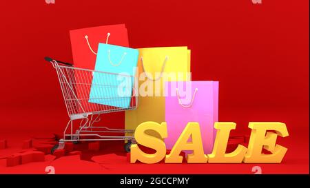 Sacs de shopping en papier coloré sur le chariot avec une affiche de solde jaune sur le sol rouge crack. Concept d'achat, rendu 3D. Banque D'Images