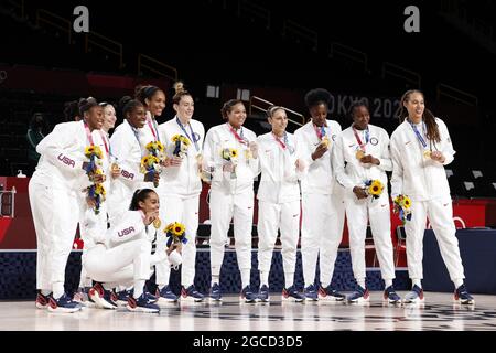 Médaille d'or de l'équipe des États-Unis lors des Jeux Olympiques Tokyo 2020, cérémonie de la médaille finale des femmes de basket-ball le 8 août 2021 à Saitama Super Arena à Saitama, Japon - photo Kishimoto / DPPI Banque D'Images