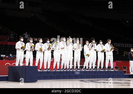 Médaille d'or de l'équipe des États-Unis lors des Jeux Olympiques Tokyo 2020, cérémonie de la médaille finale des femmes de basket-ball le 8 août 2021 à Saitama Super Arena à Saitama, Japon - photo Kishimoto / DPPI Banque D'Images