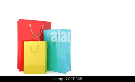 Sacs de shopping en papier coloré sur fond blanc, rendu 3D. Banque D'Images