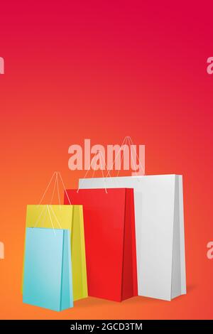 Sacs de shopping en papier coloré sur fond rouge, rendu 3D. Banque D'Images