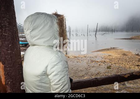 une jeune fille se tenant sur la rive du lac à foggy le matin à partir d'une image d'angle plat est prise au lac madhuri tawang arunachal pradesh. Banque D'Images