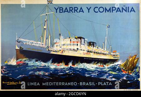 Affiche vintage – Méditerranée Brésil croisière Liner Travel Ybarra y Compania – Ship Art – Linea Mediterraneo – Brasil – Plata Banque D'Images