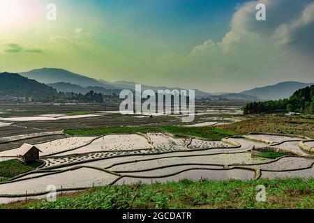 campagne ternish charming rizicole champ avec de petites huttes de repos et fond de montagne au matin image est prise au ziro arunachal pradesh inde. Banque D'Images