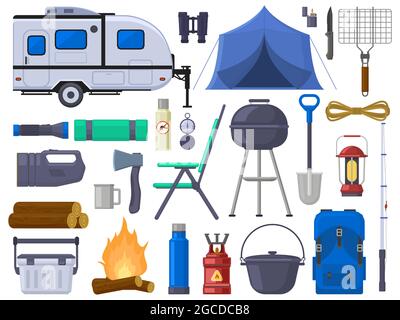 Randonnée camping aventure plein air éléments touristiques. Tente d'aventure nature, maison mobile, grill, feu de camp, jumelles ensemble d'illustrations vectorielles. Extérieur Illustration de Vecteur