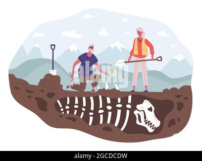 Archéologie scientifiques personnages découverte, excavation, excavation et recherche. Les archéologues ont découvert le vecteur fossile du squelette du dinosaure Illustration de Vecteur