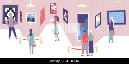 Les gens admirent l'exposition de peintures de la galerie d'art classique. Galerie d'art exposition excursion visiteurs illustration vectorielle. Hommes et femmes culturels Illustration de Vecteur