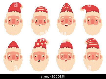 Noël Santa Claus mascottes expressions du visage mignons. Jeu d'illustrations vectorielles têtes barbes du Père Noël pour les vacances d'hiver. Caricature Père Noël heureux et Illustration de Vecteur