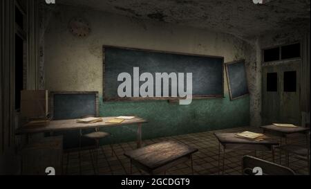 salle de classe effrayante et créepy à l'école. Rendu 3D Banque D'Images