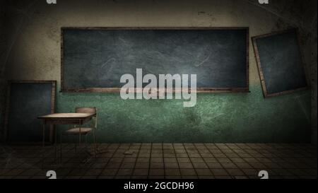 salle de classe effrayante et créepy à l'école. Rendu 3D Banque D'Images