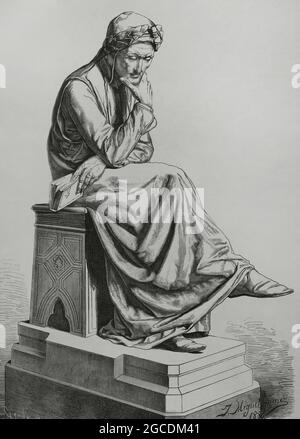 Dante Alighieri (1265-1321). Poète italien, auteur de la Divine Comedy. Dessin de J. Miguel Gómez d'après une sculpture de Jerónimo Suñol (1839-1902) en 1864. Gravure par Capuz. La Ilustración Española y Americana, 1882. Banque D'Images