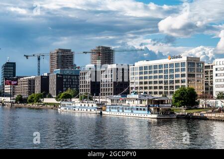 Skyline Berlin, Neubauten Media Spree, Zalando, Mercedes, Muehlenstrasse, Baustelle, Hostel Boot, Berlin-Friedrichshain, Berlin, Allemagne, Europe Banque D'Images