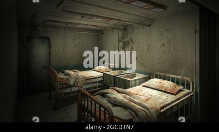 Chambre avec horreur et créepy dans l'hôpital .rendu 3D Banque D'Images