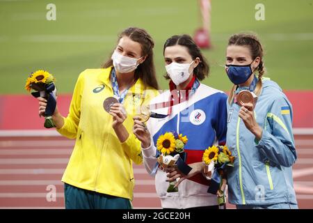 McDermott Nicola (AUS) 2e médaille d'argent, Mariya LASTSKENE (ROC) lauréate Médaille d'or, MAHUCHIKH Yaroslava (UKR) 3e médaille de bronze lors des Jeux Olympiques Tokyo 2020, cérémonie de la Médaille de saut en hauteur des femmes athlétiques le 7 août 2021 au stade olympique de Tokyo, Japon - photo Yuya Nagase / photo Kishimoto / DPPI Banque D'Images