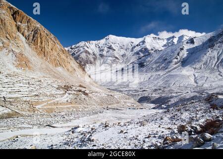 Route du col de Khardung la (5300 m) vers le bas dans la vallée sèche de Nubra Banque D'Images