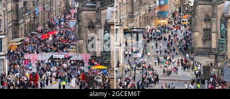 Édimbourg, Écosse, Royaume-Uni. 8 août 2021. Le dimanche après-midi ensoleillé, le Royal Mile était animé par des visiteurs à la recherche des divertissements limités offerts dans la rue pendant le festival frénétique d'Édimbourg cette année. Deux étapes sont prévues pour les interprètes et elles se sont avérées populaires tout au long de la journée. Pic; montage montrant des foules contrastées sur le Royal Mile le premier week-end de Fringe en 2018 (à gauche) et en 2021. Iain Masterton/Alamy Live News. Banque D'Images