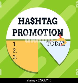 Légende conceptuelle hashtag promotion. Concept plus de montrer peut découvrir et s'engager avec votre contenu Man Drawing Holding Pie Chart Piece Banque D'Images