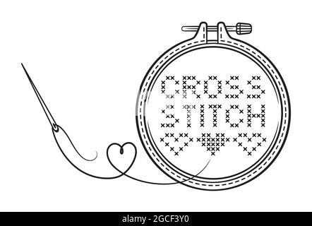 Point de croix fait à la main. Cerceau à broderie avec aiguille, icône en forme de fil. Couture de travaux d'aiguille. Toile avec décoration brodée. Passe-temps artisanal. Vecteur Illustration de Vecteur