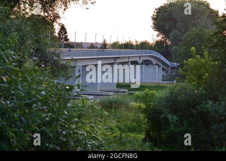 Pont au-dessus de la rivière parmi les arbres un après-midi sombre. Banque D'Images