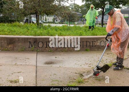 Detroit, Michigan - les bénévoles de l'organisation communautaire Morningside retirent les mauvaises herbes d'un petit parc à la limite de leur quartier. Les étaient W Banque D'Images