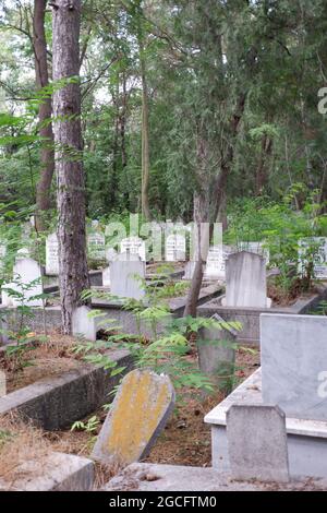 Cimetière islamique, tombes en marbre et pierres de tête sous les arbres en plein air Banque D'Images