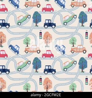Motif sans couture avec voitures rétro, routes, arbres et feux de circulation. Dessin de tissus pour enfants ou de papier peint dans des couleurs douces et calmes. Illustration vectorielle Illustration de Vecteur