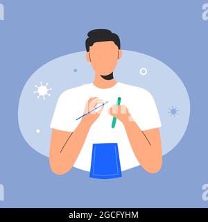 Test PCR rapide pour covid à la maison, jeune homme recueillant l'échantillon avec un écouvillon pour l'infection à covid19, à l'aide d'un kit de test PCR, illustration de dessin animé vectoriel. Illustration de Vecteur