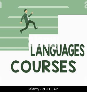 Affiche affichant les cours de langues. Concept signification ensemble de classes ou un plan d'étude sur un homme de langue étrangère en costume courant vers le haut sur UN Banque D'Images