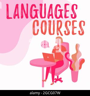Écriture affichage de texte langues cours. Mot pour un ensemble de cours ou un plan d'étude sur une femme de langue étrangère assis Bureau à l'aide d'un ordinateur portable Banque D'Images