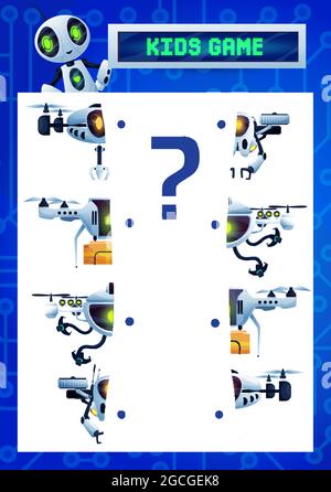 Trouvez un jeu de riddle à moitié d'enfants, des robots de dessin animé correspondent au test vectoriel de pièces avec des cyborgs volants, des drones et des droids d'ai. Tâche éducative pour les enfants Illustration de Vecteur