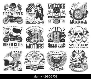 Courses de moto, icônes rétro du club de moto. Crâne de motard en casque et lunettes de protection, roue à ailettes, piston et guidon du moteur, vecteur gravé en chopper. Rep Illustration de Vecteur