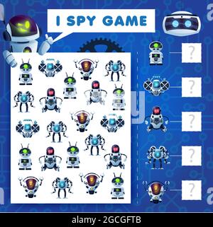 Enfants I SPY énigme, dessin animé robots éducation vecteur jeu avec ai cyborgs. Combien d'androïdes, de bots et de drones test mathématique page de feuille de travail pour enfantr Illustration de Vecteur