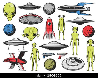 OVNI, extraterrestres, vaisseaux spatiaux et planètes. Vecteur humanoïde extraterrestre, créatures extraterrestres avec la peau verte et les grands yeux, vaisseau spatial fantaisie, ro futuriste Illustration de Vecteur
