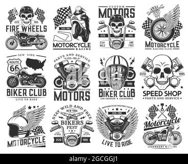 Courses de moto, icônes rétro du club de moto. Crâne de motard en casque et lunettes de protection, roue à ailettes, piston et guidon du moteur, vecteur gravé en chopper. Rep Illustration de Vecteur