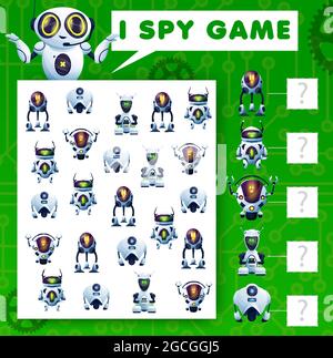 J'espionne le jeu de riddle, les robots de dessin animé la tâche de vecteur, l'éducation puzzle avec ai cyborgs. Combien d'androïdes et de bots tester. Développement des compétences en numératie Illustration de Vecteur