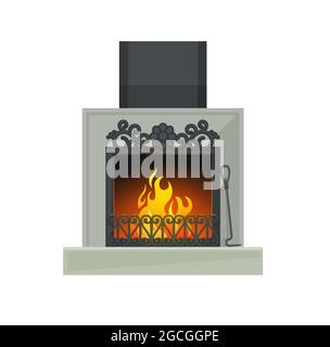 Foyer à la maison ou coeur en bois avec le vecteur de feu flamboyant icône de la maison ou de la pièce design intérieur. Cadre de cheminée, cheminée, grille et foyer en métal Illustration de Vecteur