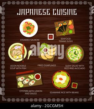 Cuisine japonaise menu de nourriture, plats, repas poster avec cuisine asiatique traditionnelle dîner et déjeuner. Bols japonais oden avec riz, sushis et nouilles udon, seafo Illustration de Vecteur