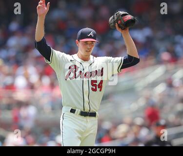 Atlanta: Atlanta Braves départ le pichet Max Fried réagit contre Washington, USA. , . Nationaux pendant le sixième repas le dimanche 8 août 2021, à Atlanta. Frits a gagné six, laissant avec un 5-1 plomb. (Photo de Curtis Compton/Atlanta Journal-Constitution/TNS/Sipa USA) crédit: SIPA USA/Alay Live News Banque D'Images