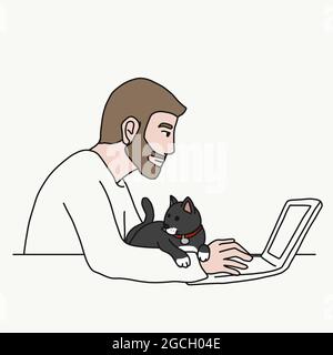 Homme travaillant à la maison en utilisant un ordinateur portable avec illustration de vecteur de chat Illustration de Vecteur