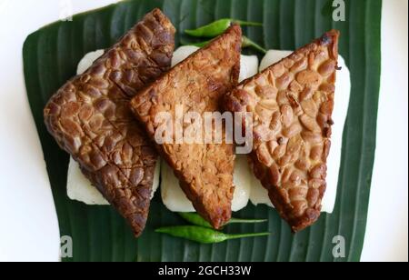 Bacille de Jadah sur une feuille de banan. Jadah combiné avec le bacille de tempe. Cuisine indonésienne de yogyakarta. Banque D'Images