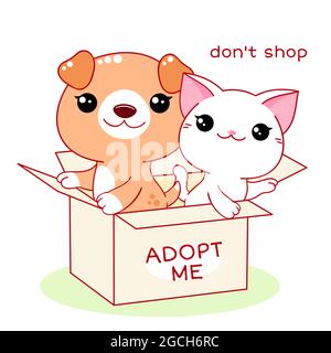 Kawaii petit chat et chiot en boîte. Inscription Je ne fais pas d'achats. Aider les animaux sans abri à trouver une maison. Soin des animaux, concept d'adoption. Adopter un ami. Illustration de Vecteur