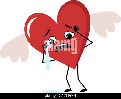 Adorable caractère coeur rouge avec ailes et pleurs et larmes émotions, triste visage, bras et jambes. Décoration festive pour la Saint-Valentin avec les yeux Illustration de Vecteur